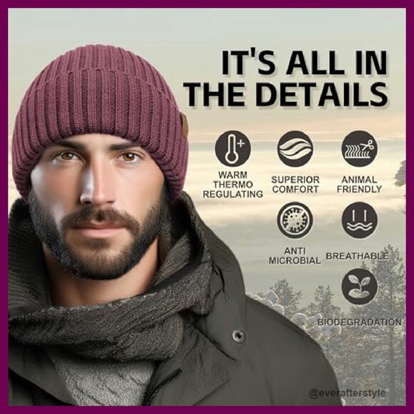Merino Wool Rib Knit Beanie Unisex Classic Soft Warm Winter Hat Cuffed